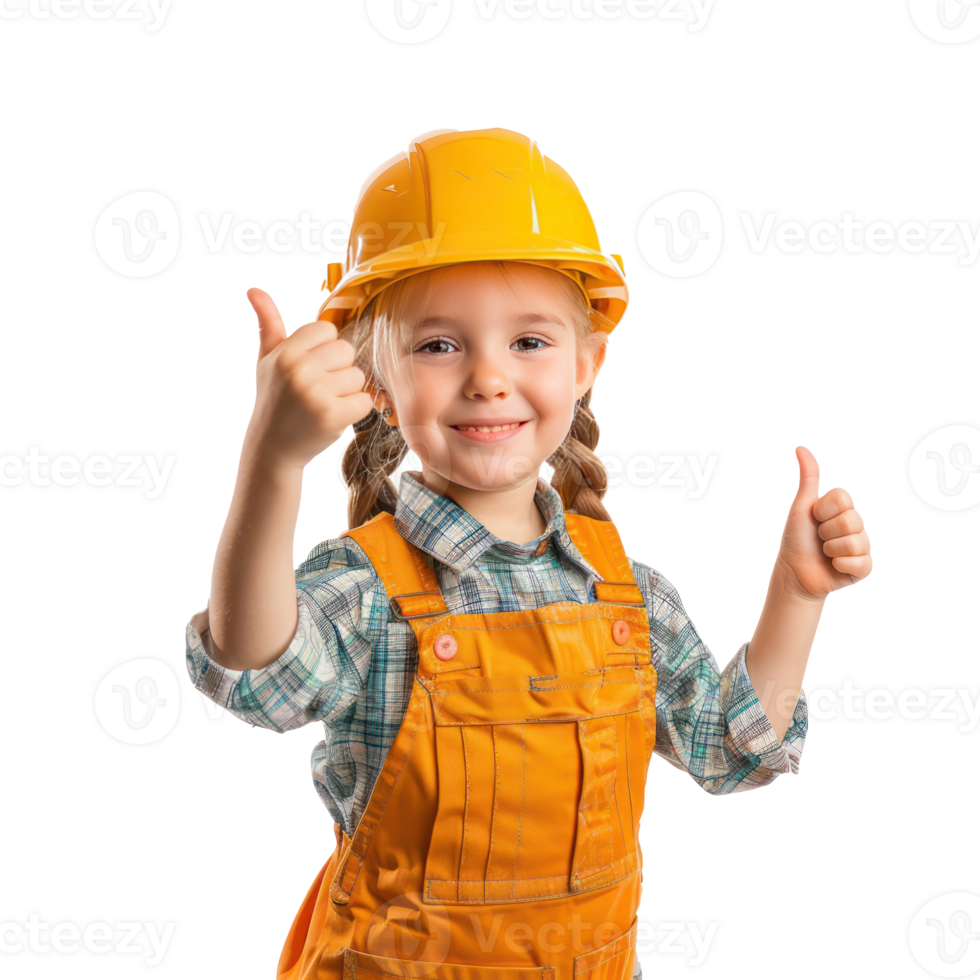 Smiling little girl wearing hard hat construction worker uniform standing with hand gesture giving thumb up side view isolate on transparency background png