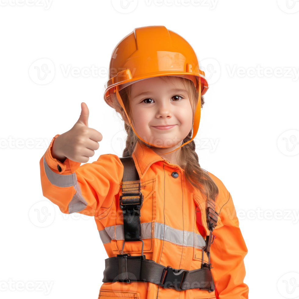 Smiling little girl wearing hard hat construction worker uniform standing with hand gesture giving thumb up side view isolate on transparency background png