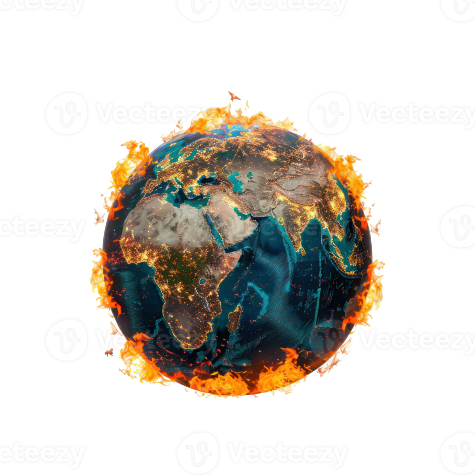 globe earth on fire climate change concept map front view isolate on transparency background png