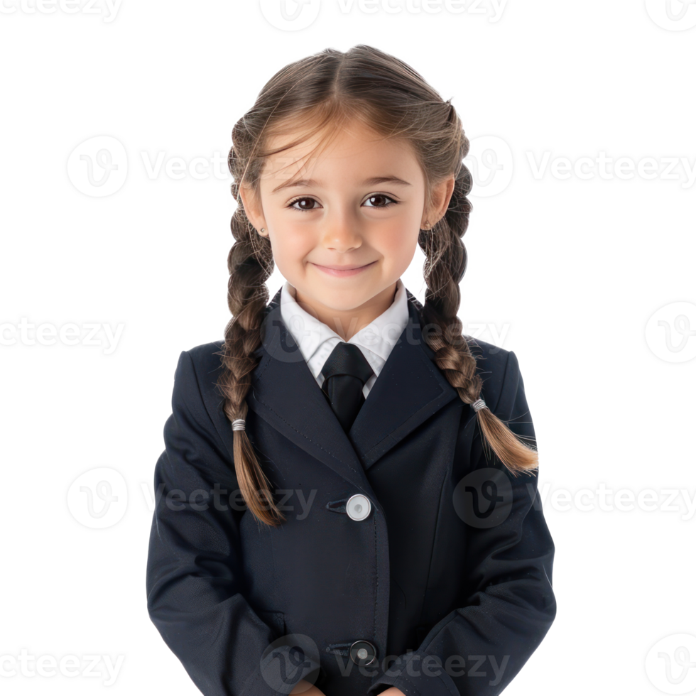 Smiling little girl wearing lawyer uniform standing front view isolate on transparency background png
