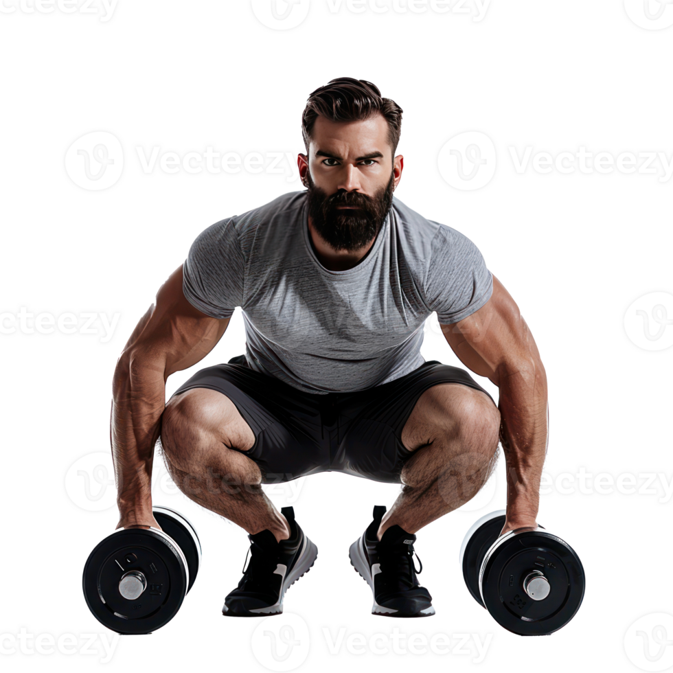 Man crouching with dumbbells in workout pose isolate on transparency background png