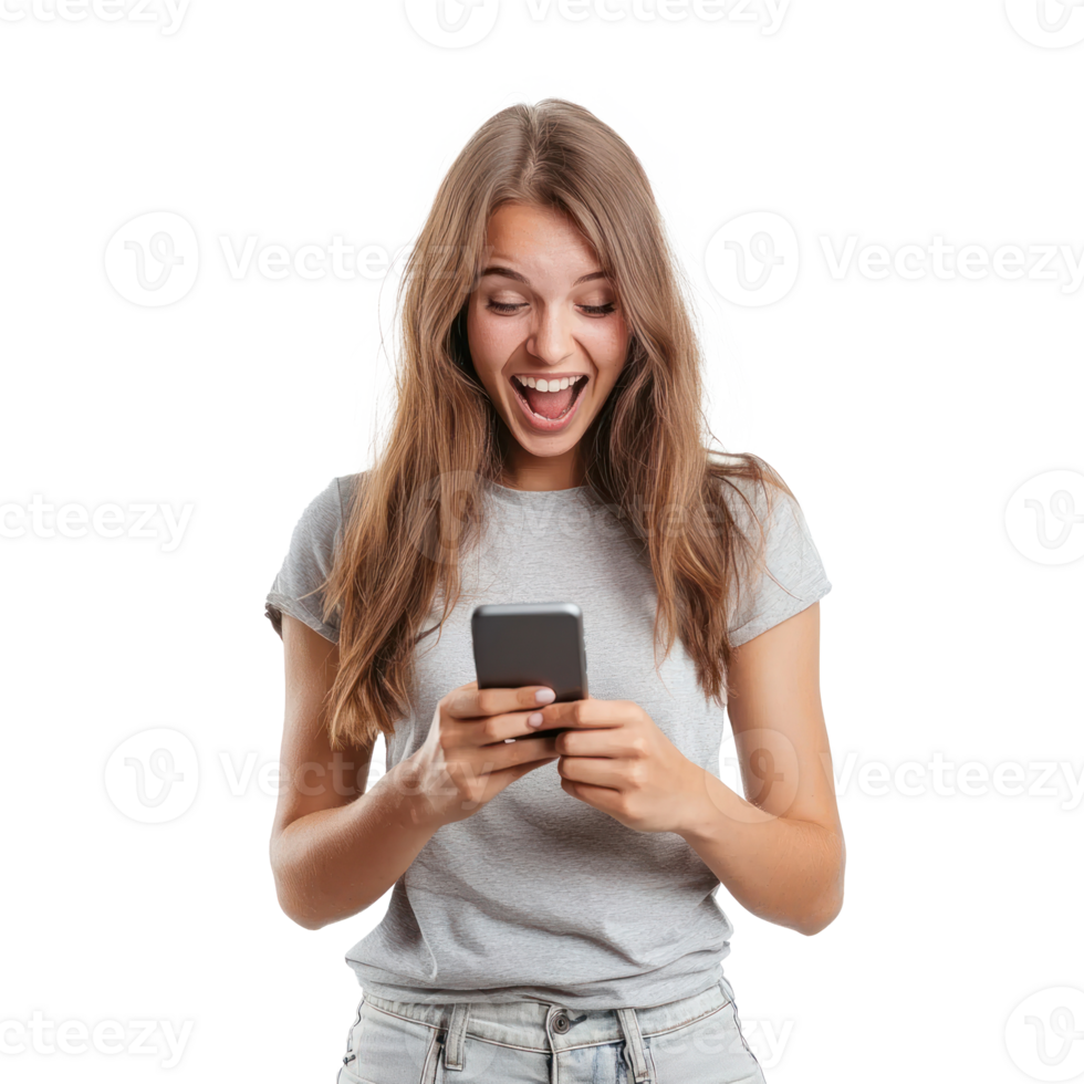 Attractive young woman Excited looking at her mobile phone, standing isolate on transparency background png