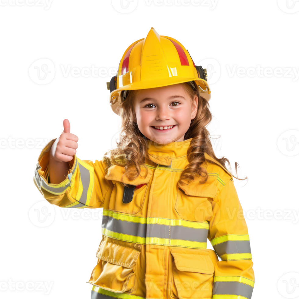 Smiling little girl wearing firefighter uniform standing with hand gesture giving thumb up front view isolate on transparency background png