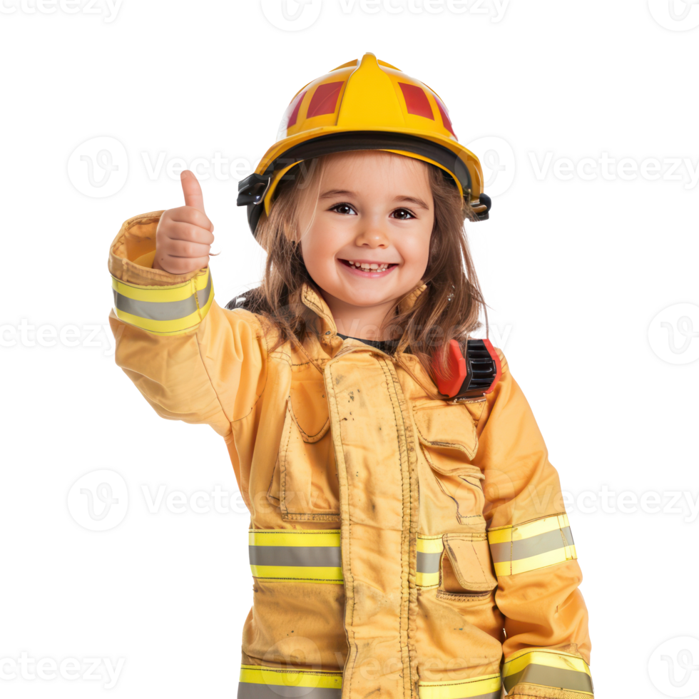 Smiling little girl wearing firefighter uniform standing with hand gesture giving thumb up front view isolate on transparency background png
