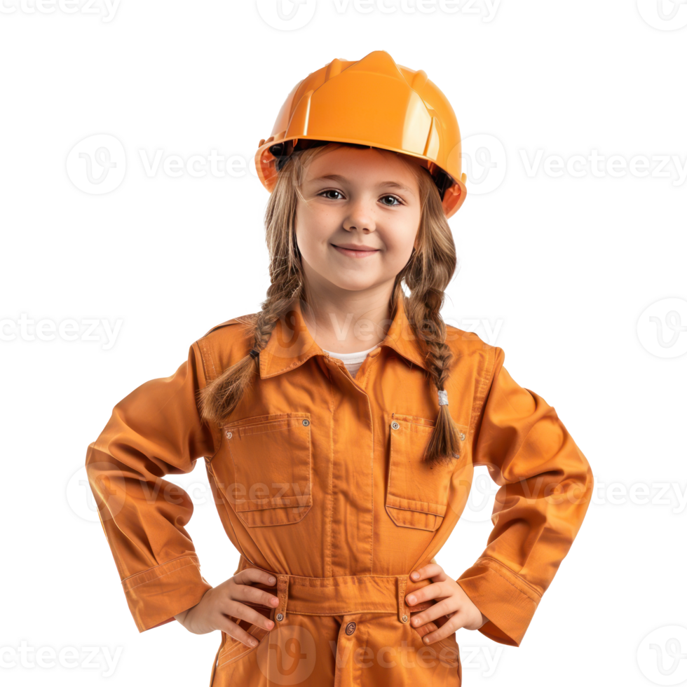 Smiling little girl wearing hard hat engineer uniform standing front view isolate on transparency background png