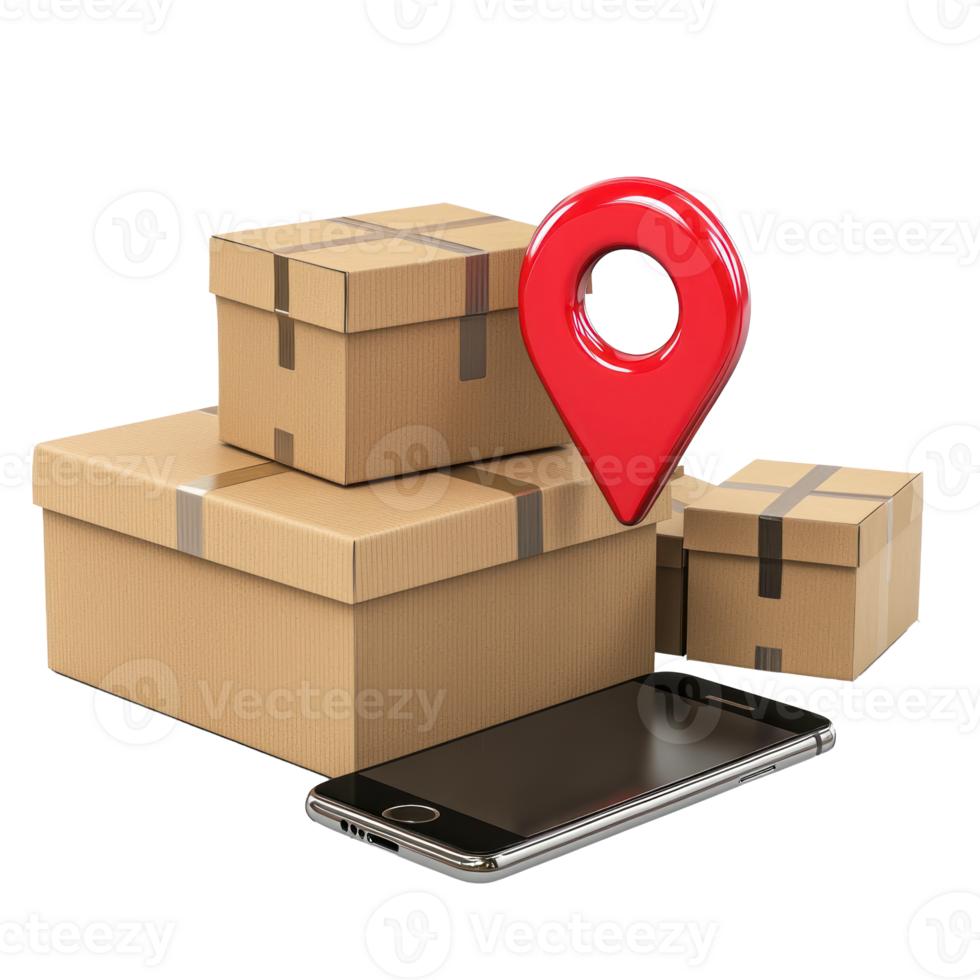 3d cardboard boxes and smartphone with red pin location side view isolate on transparency background png