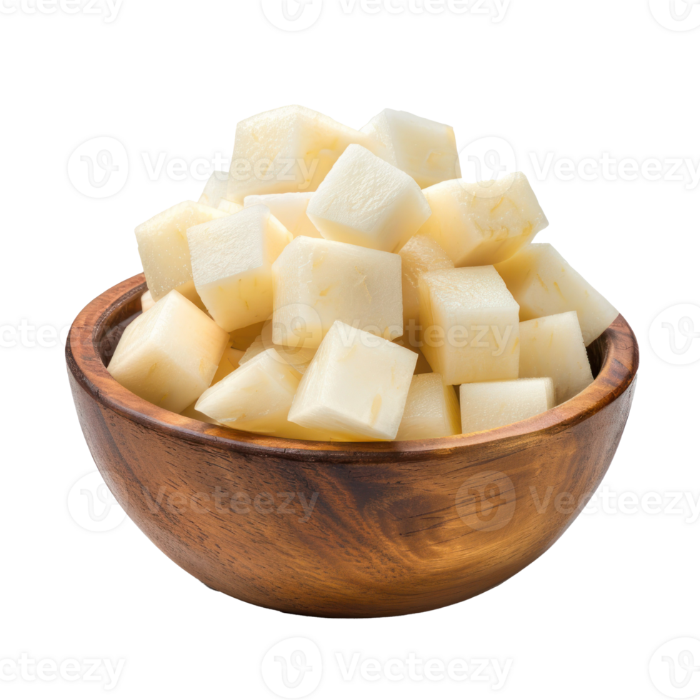 Cubes of Jicama in a bowl front view isolate on transparency background png