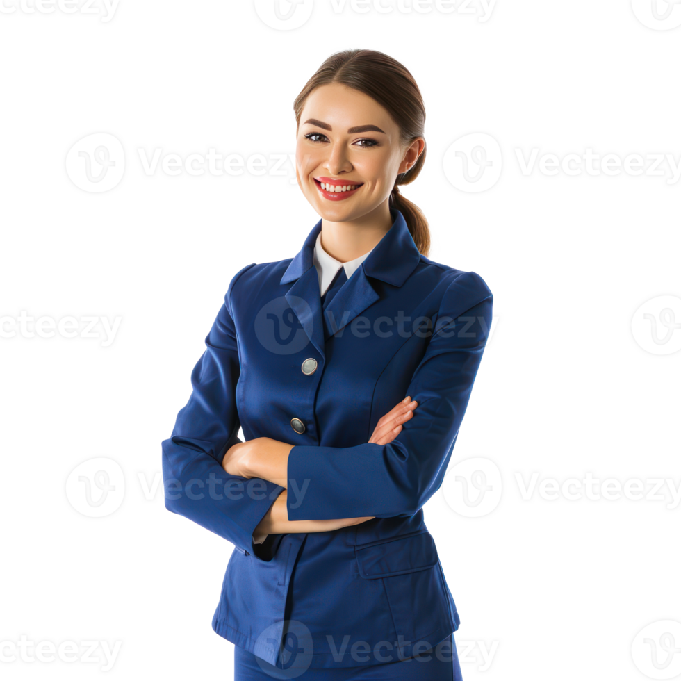 Smiling female flight attendant standing isolate on transparency background png