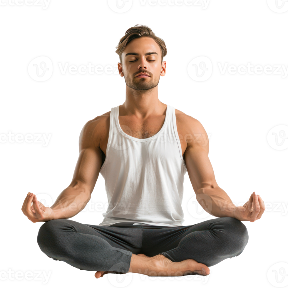 Young man practicing yoga with lotus pose isolate on transparency background png