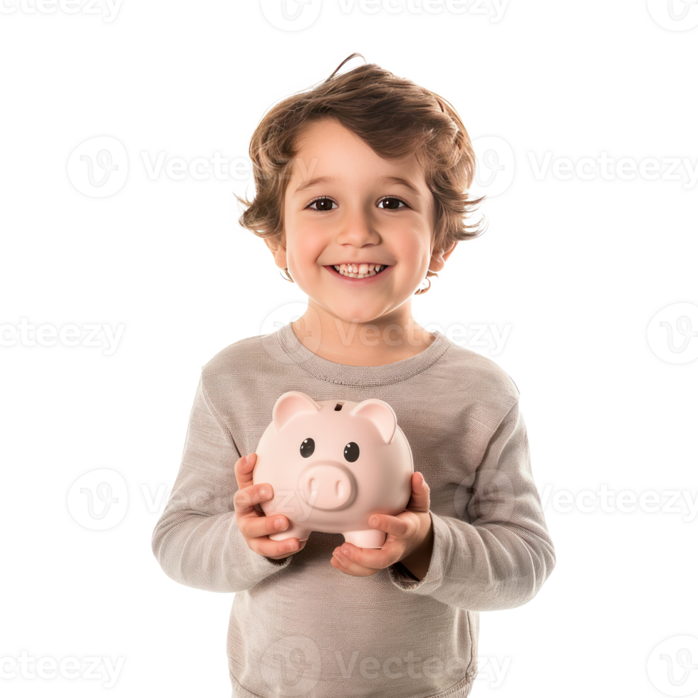 Smiling little boy standing with hand holding piggy bank front view isolate on transparency background png