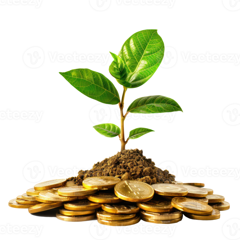 Plant growing on pile of gold coins side view isolate on transparency background png