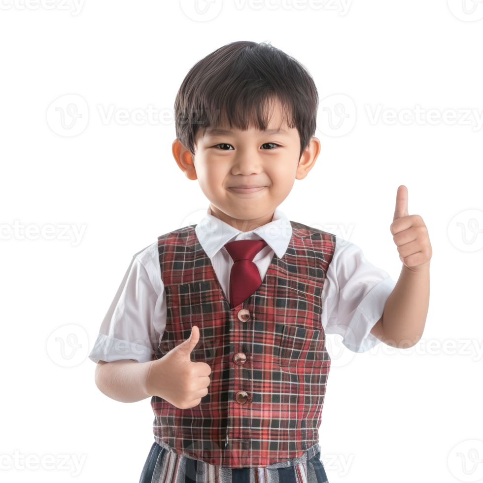 Smiling little boy wearing layer uniform standing with hand gesture giving thumb up isolate on transparency background png