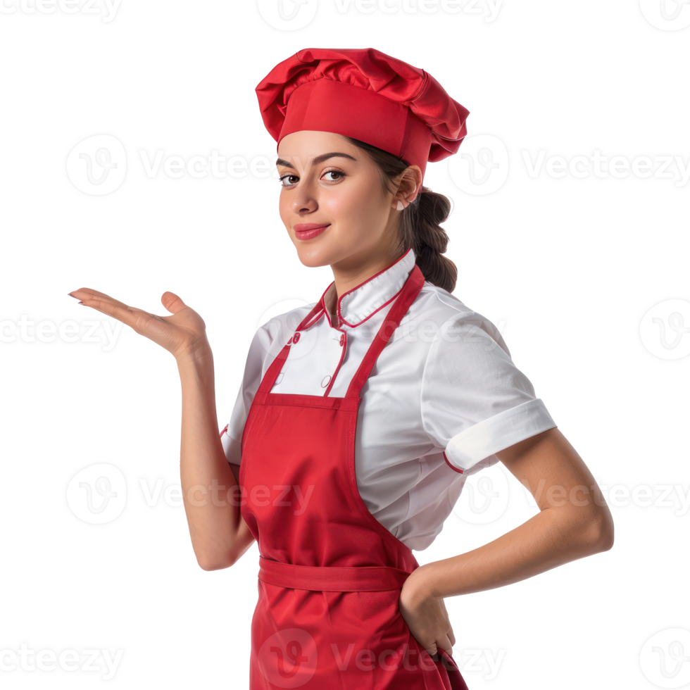 Pretty young waitress in uniform hand gesture presenting something side view isolate on transparency background png