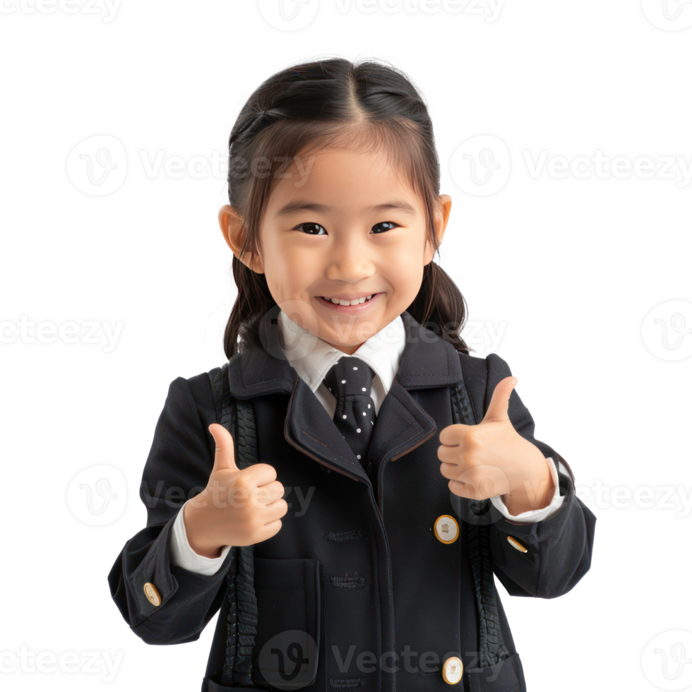 Smiling little girl wearing layer uniform standing with hand gesture giving thumb up isolate on transparency background png