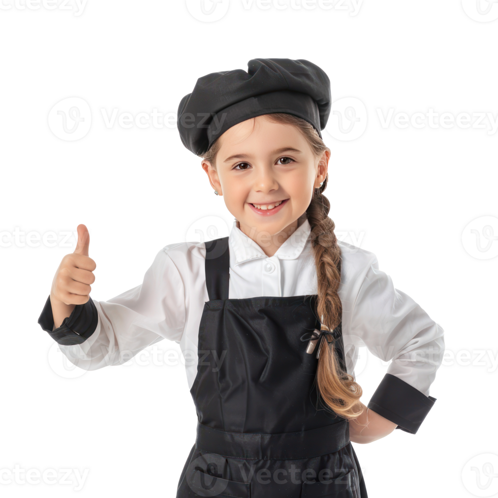 Smiling little girl wearing hostess uniform with hand gesture giving thumb up front view isolate on transparency background png