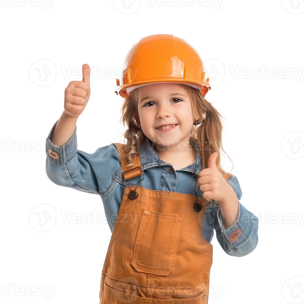 Smiling little girl wearing hard hat construction worker uniform standing with hand gesture giving thumb up isolate on transparency background png