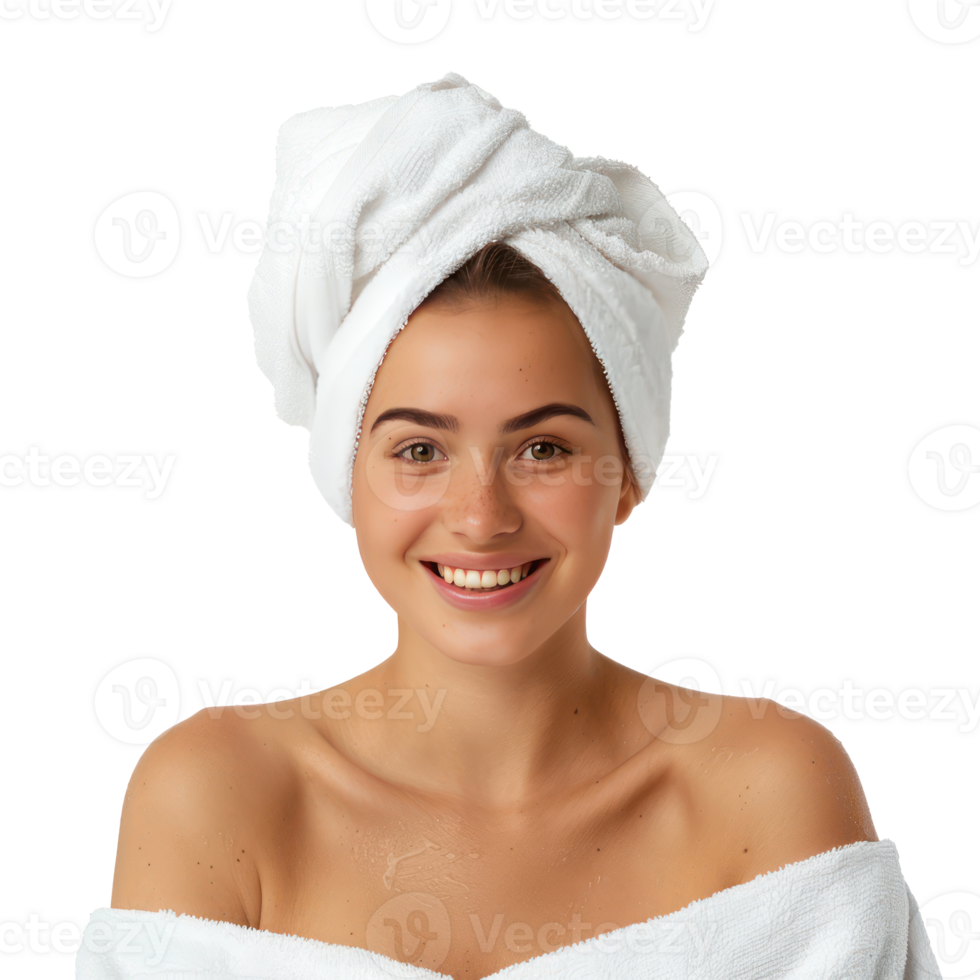 Smiling beautiful young woman in white towel after bath isolate on transparency background png
