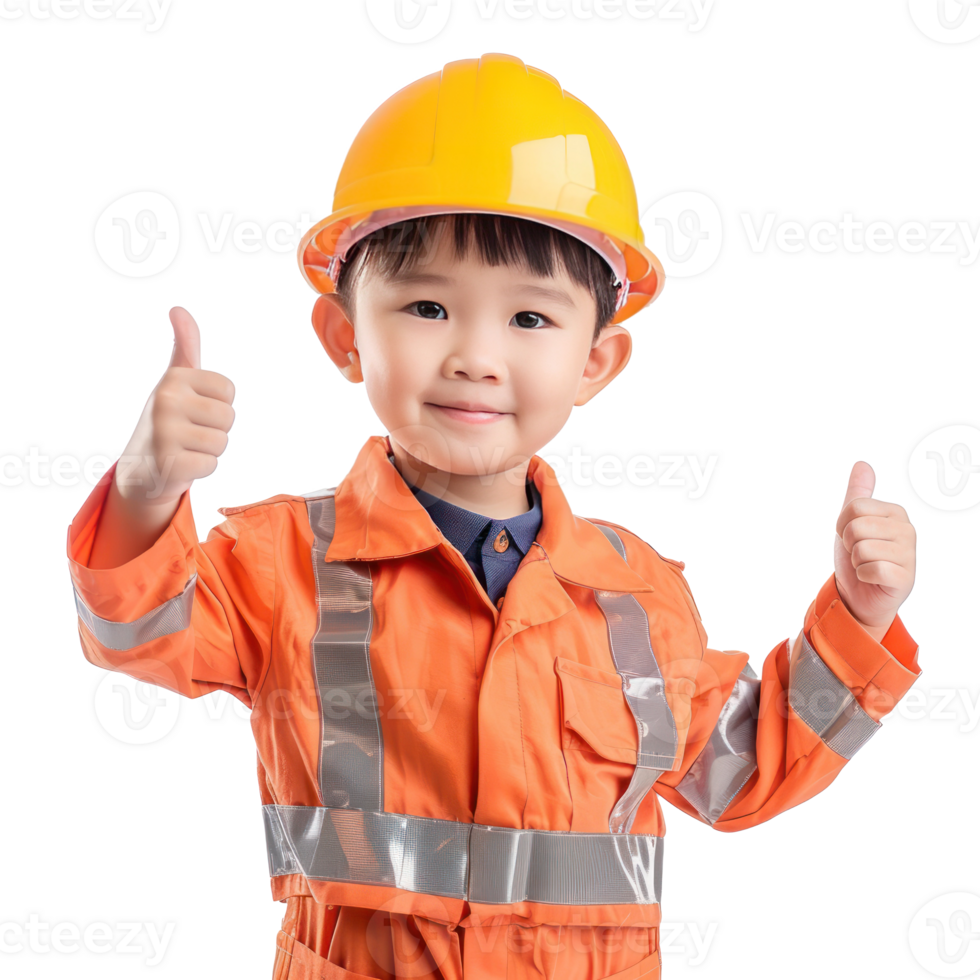 Smiling little boy wearing hard hat engineer uniform standing with hand gesture giving thumb up isolate on transparency background png