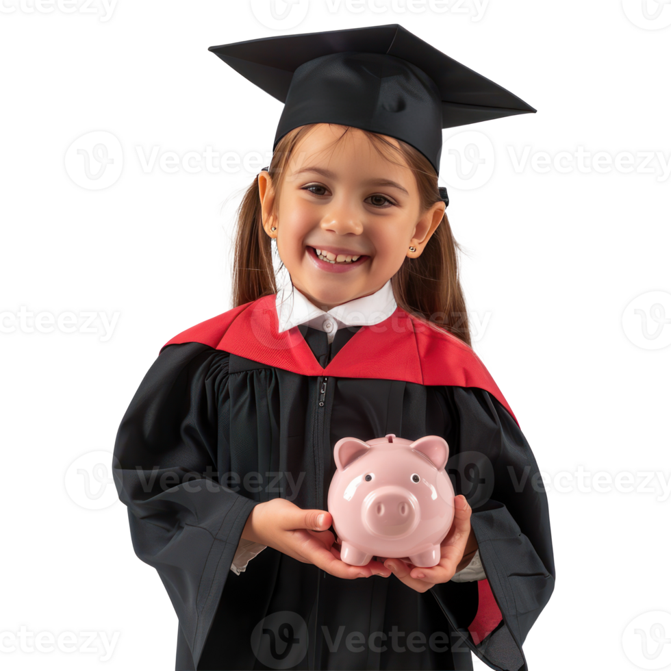 Smiling little girl wearing graduation gown uniform standing with hand holding piggy bank side view isolate on transparency background png