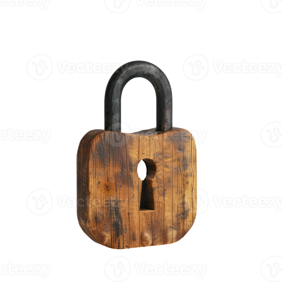 padlock with a wooden structure, set against a completely plain white background png