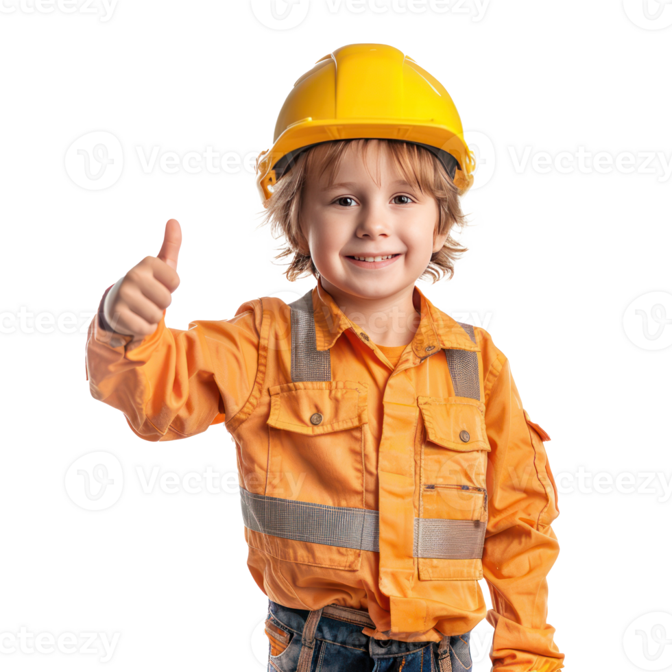 Smiling little boy wearing hard hat construction worker uniform standing with hand gesture giving thumb up front view isolate on transparency background png