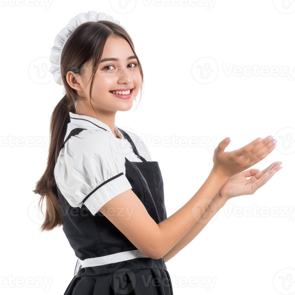 Smiling young attractive female in maid custome hand presenting something side view isolate on transparency background png