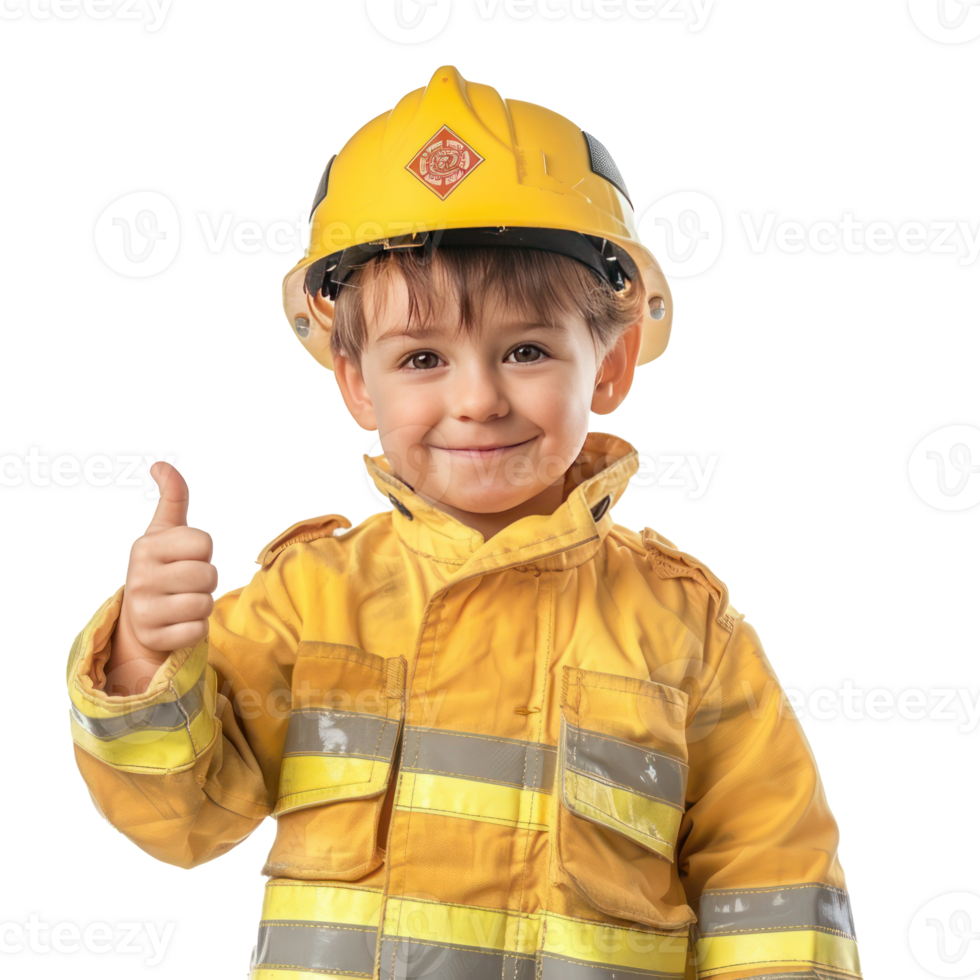 Smiling little boy wearing firefighter uniform standing with hand gesture giving thumb up isolate on transparency background png