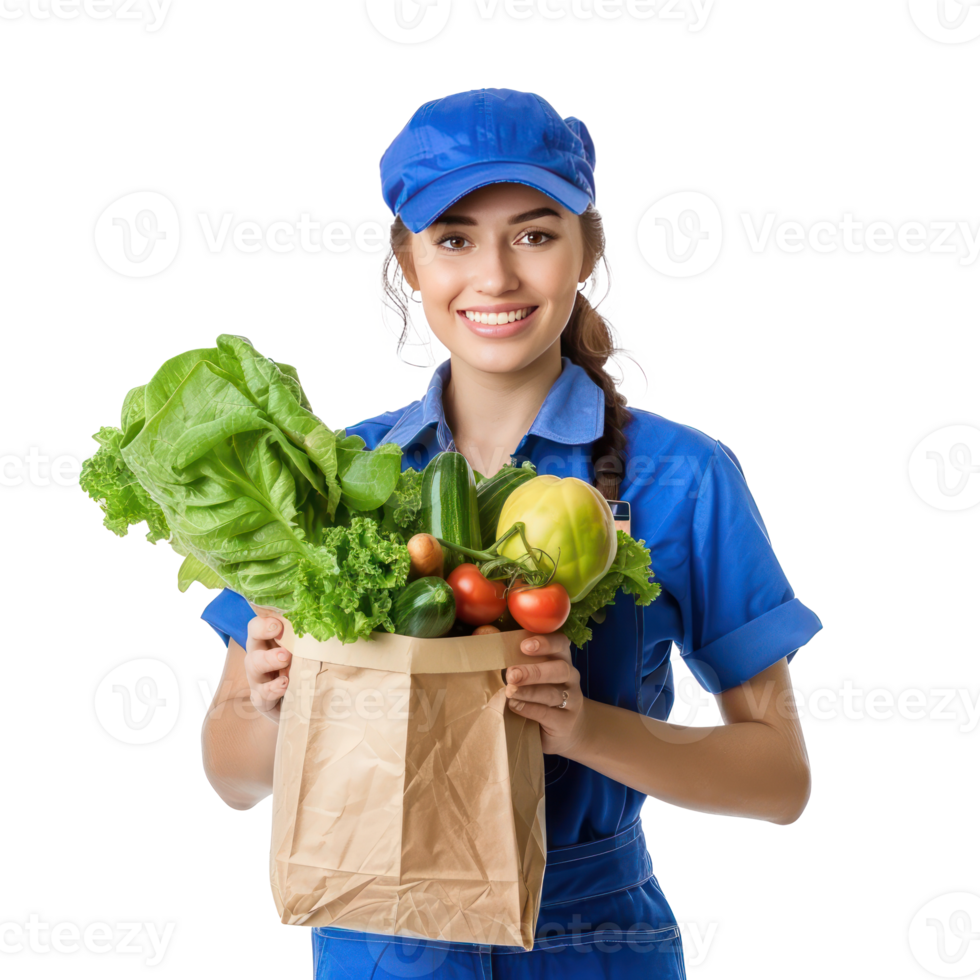 Smiling delivery woman with blue uniform holding a shopping bag full of vegetable front view isolate on transparency background png
