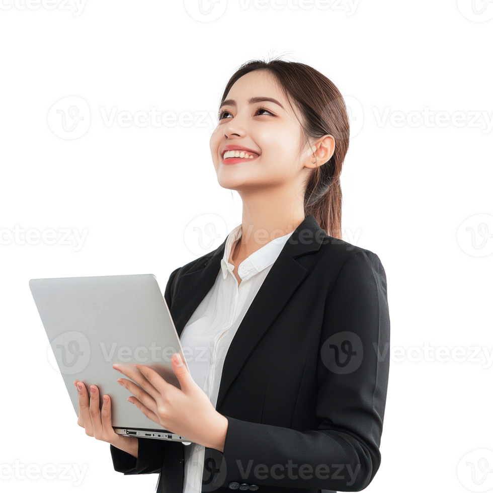 Happy businesswoman holding laptop looking away with smiling and confident isolate on transparency background png
