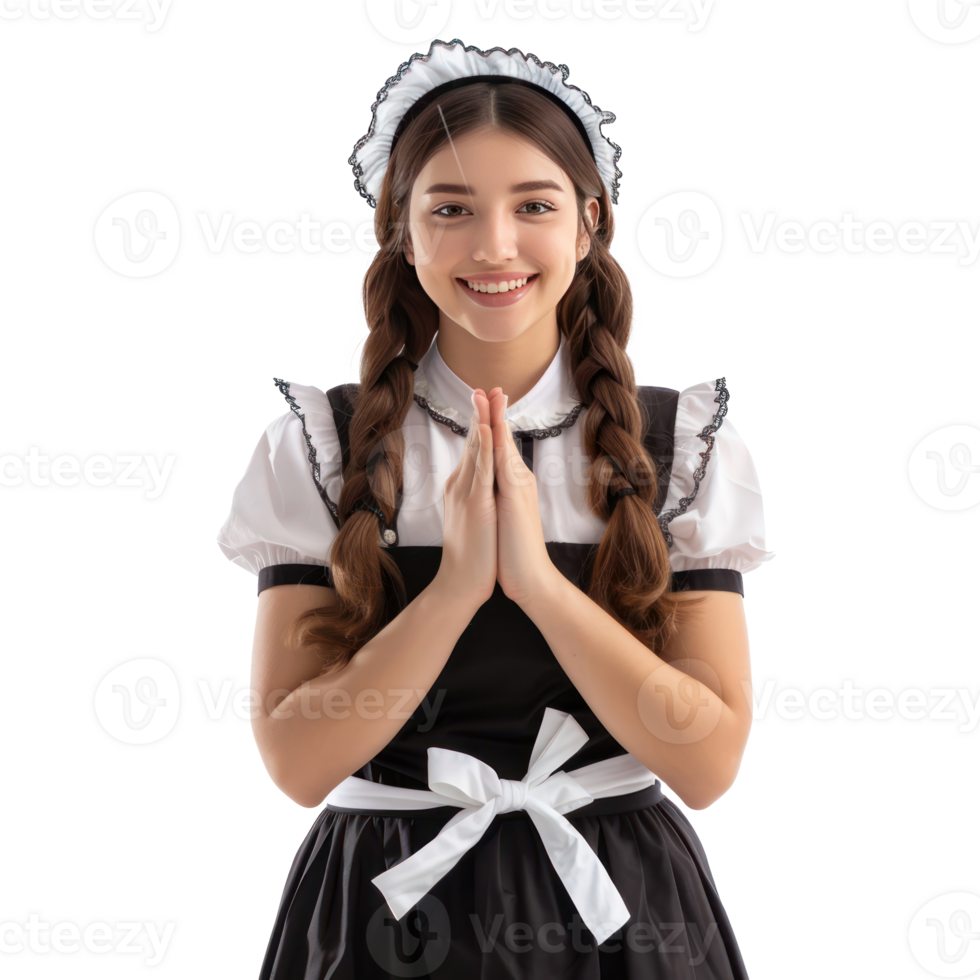 Smiling young attractive female in maid custome greeting with respect palm joint gesture isolate on transparency background png