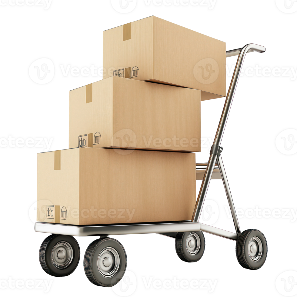 3D Hand truck with cardboard boxes side view isolate on transparency background png