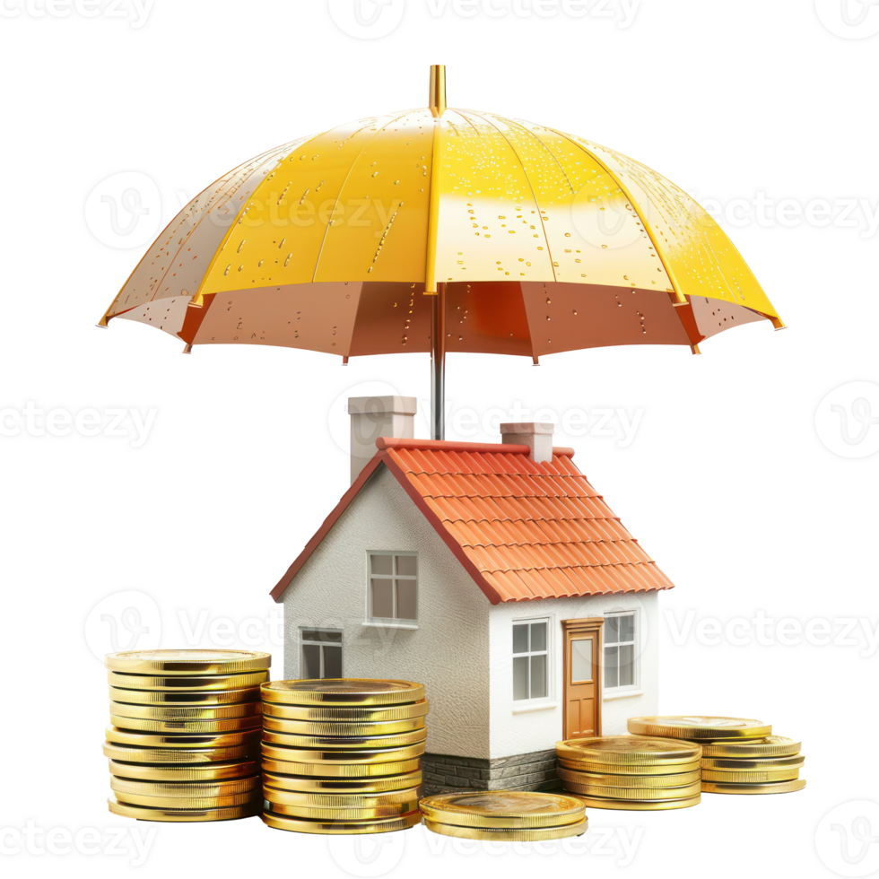 Small house model on stack gold coins under umbrellar, real estate investment concept isolate on transparency background png