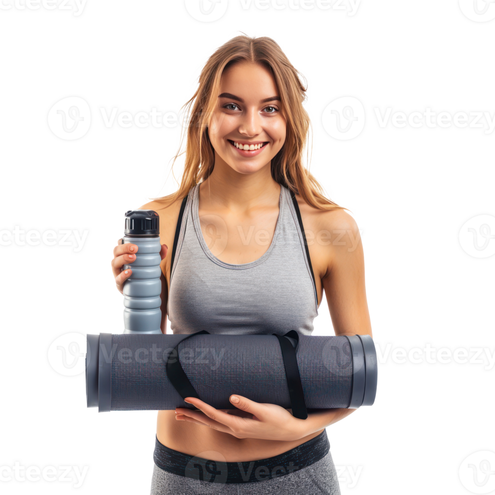 smiling young woman standing while holding mat and water bottle, yoga concept isolate on transparency background png