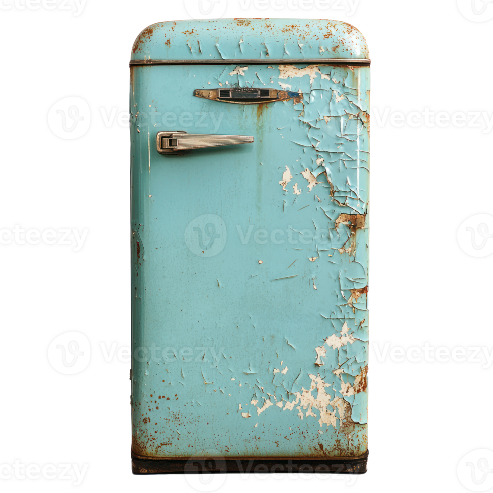 Old broken retro fridge front view isolate on transparency background png