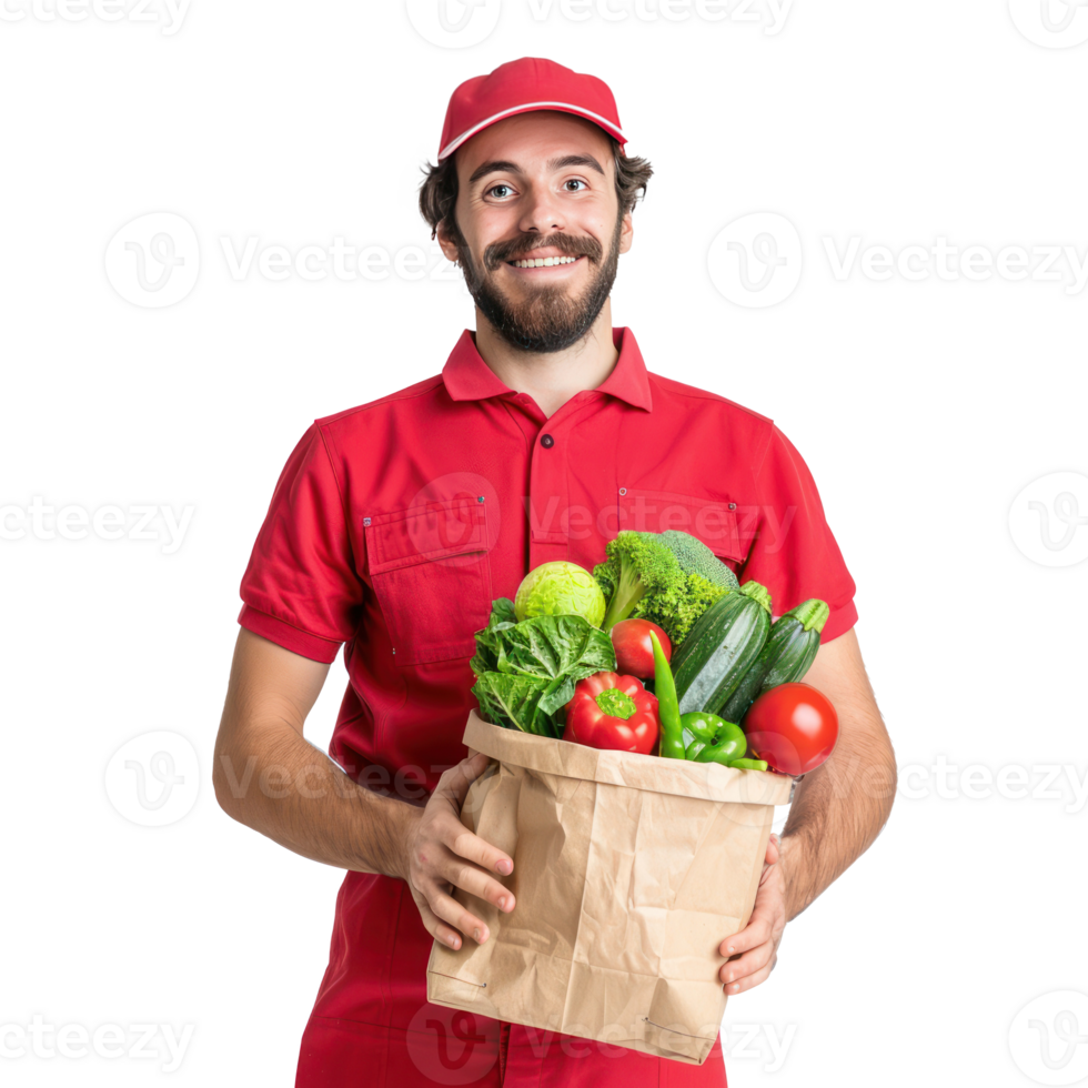 Smiling delivery man with red uniform holding a shopping bag full of vegetable front view isolate on transparency background png