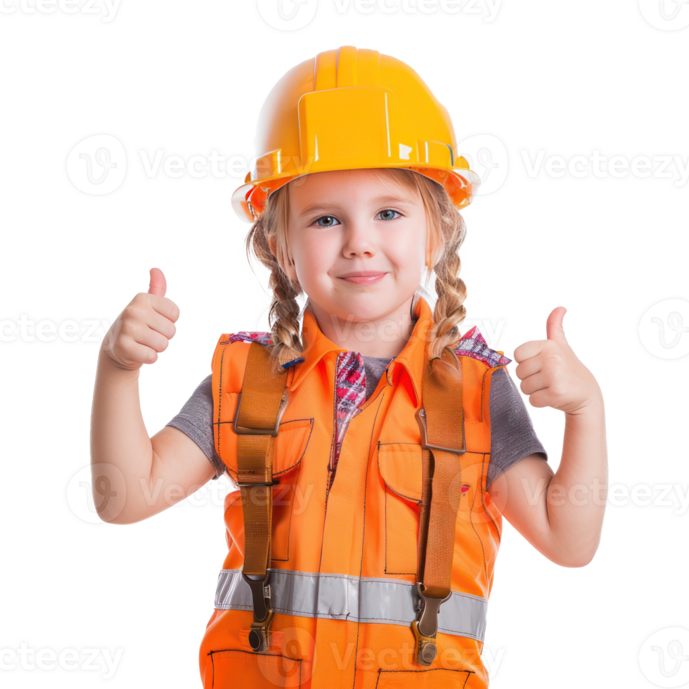 Smiling little girl wearing hard hat construction worker uniform standing with hand gesture giving thumb up isolate on transparency background png