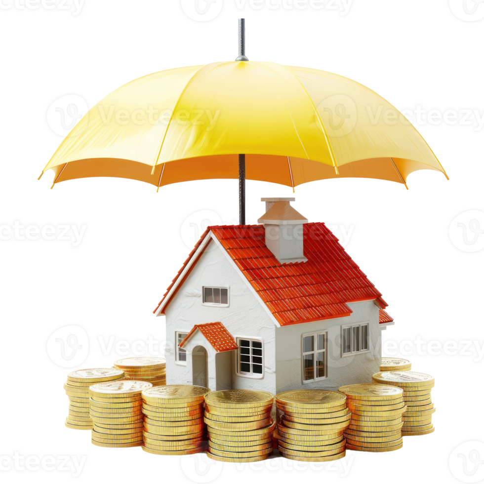 Small house model on stack gold coins under umbrellar, real estate investment concept isolate on transparency background png