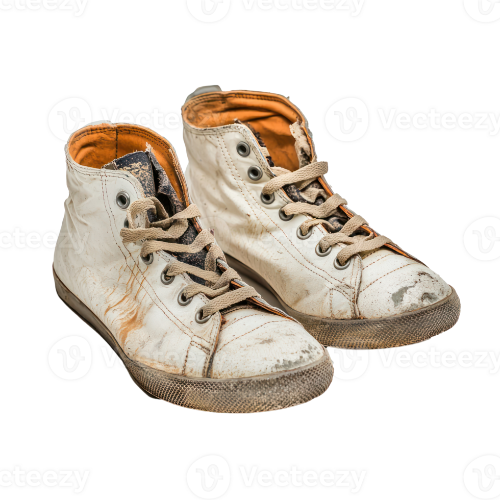 Old vintage damaged sport shoes front view isolate on transparency background png