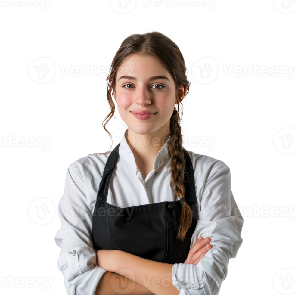 Smiling young attractive female waitress in uniform front view isolate on transparency background png