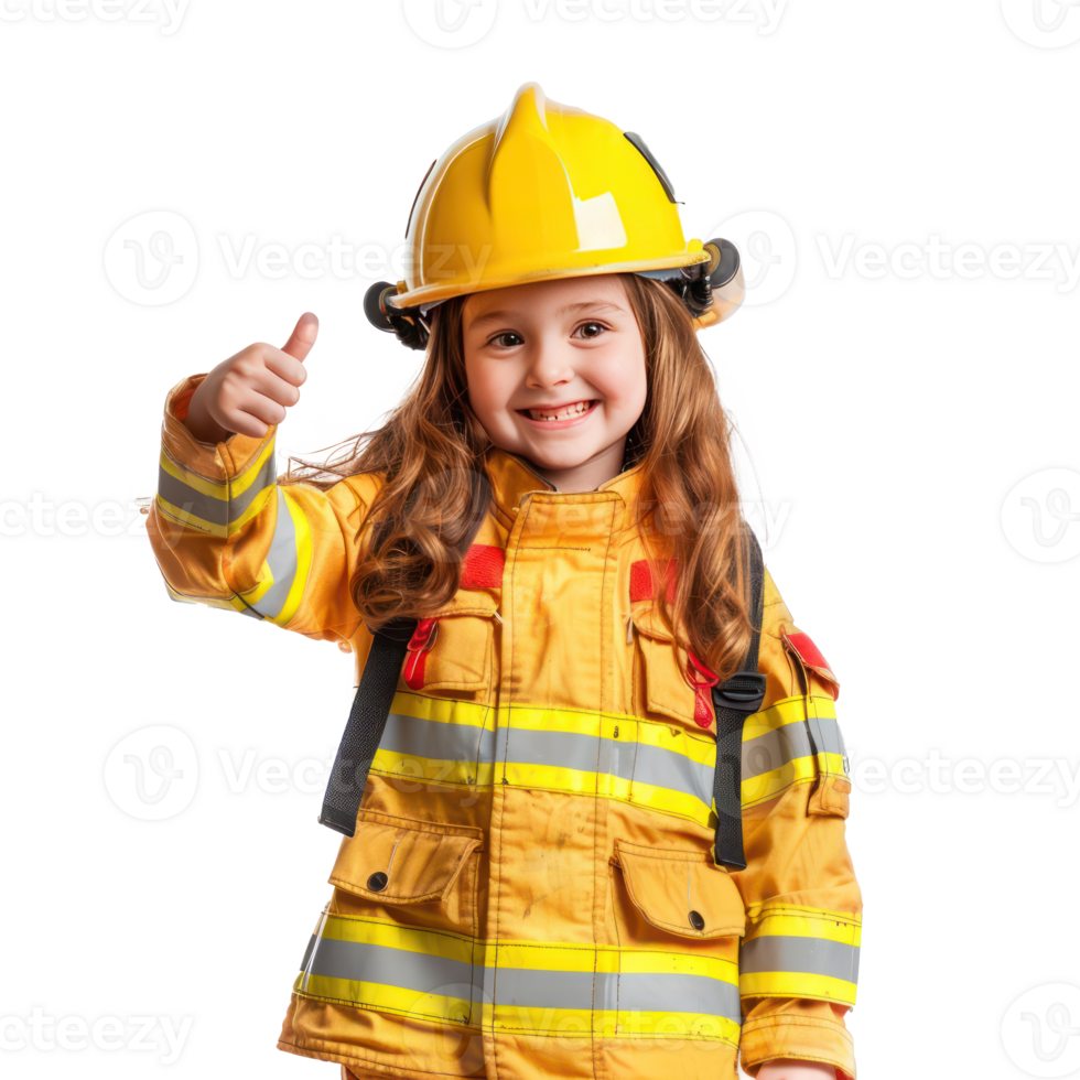 Smiling little girl wearing firefighter uniform standing with hand gesture giving thumb up side view isolate on transparency background png