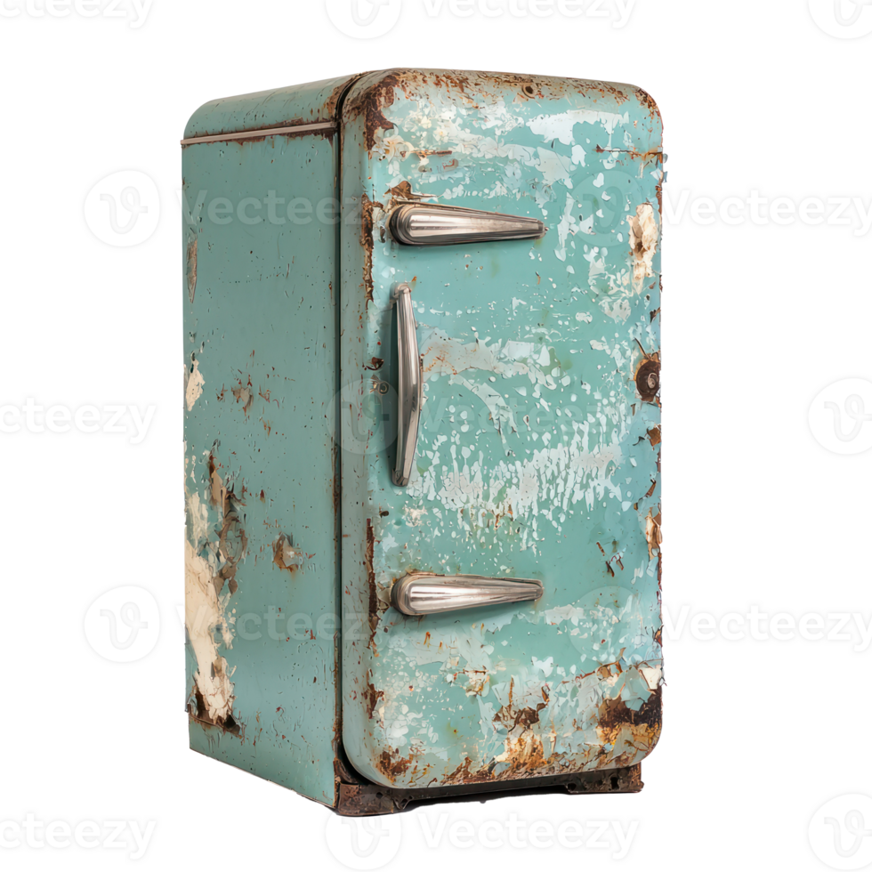 Old broken retro fridge side view isolate on transparency background png