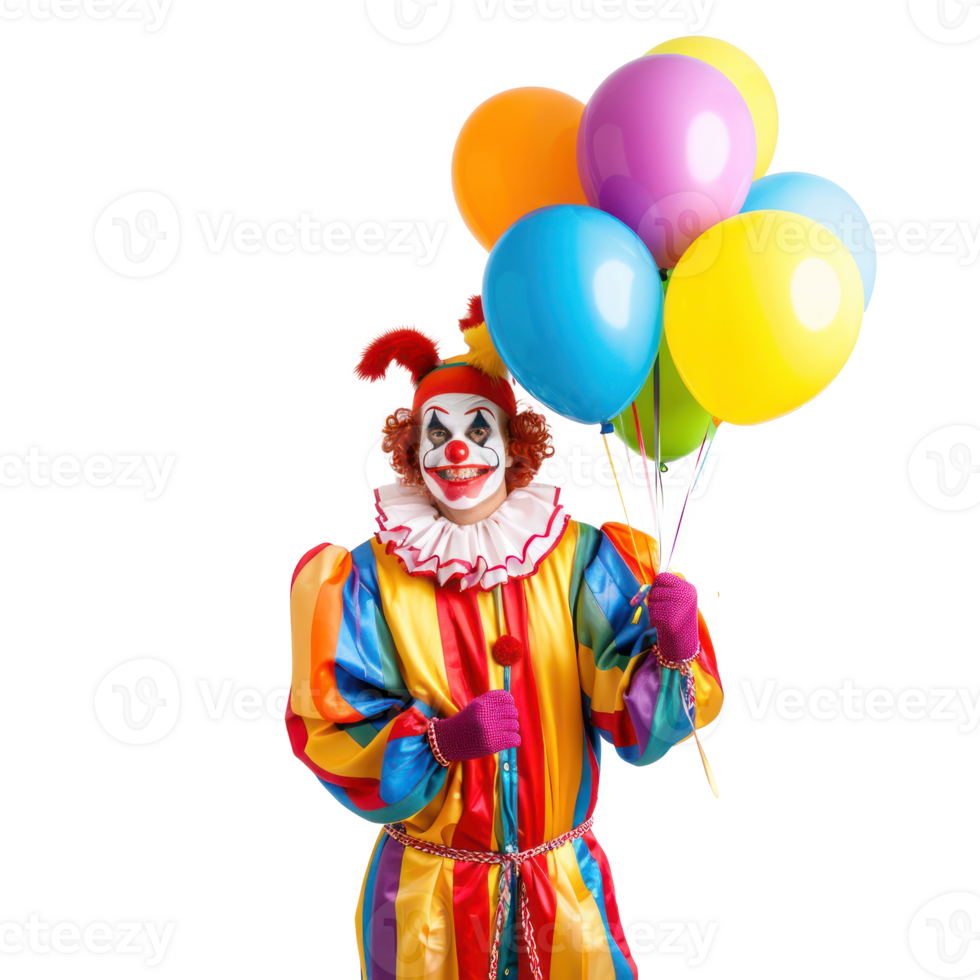Friendly smiling person in clown costume holding a bunch of balloons front view isolate on transparency background png