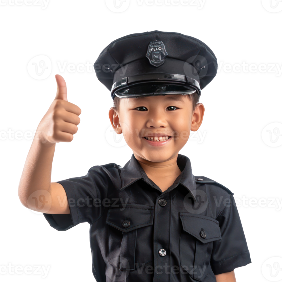Smile little boy wearing police uniform giving thumb up front view isolate on transparency background png