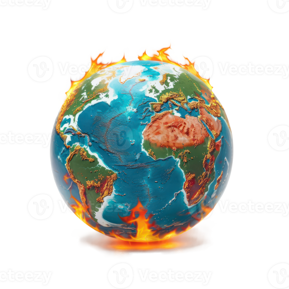 globe earth on fire climate change concept map side view isolate on transparency background png