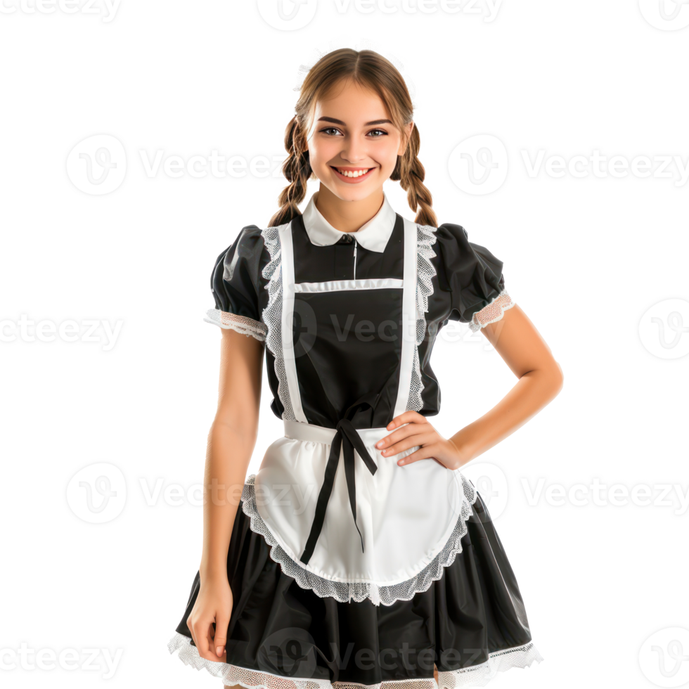 Smiling young attractive female in maid custome isolate on transparency background png