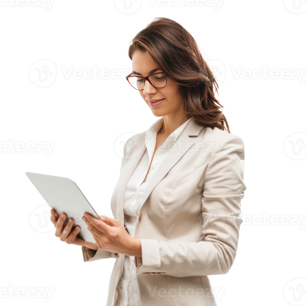 Businesswoman with tablet isolate on white background png