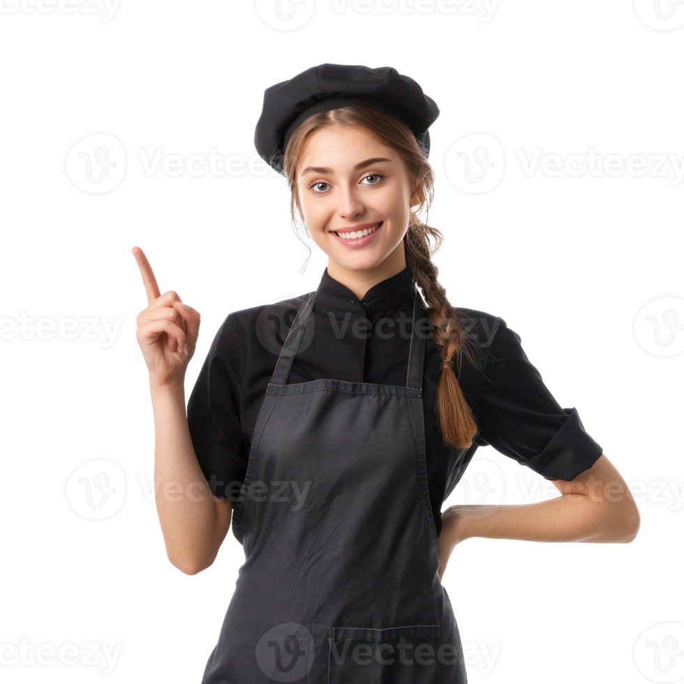 Pretty young waitress in uniform hand gesture pointing something front view isolate on transparency background png