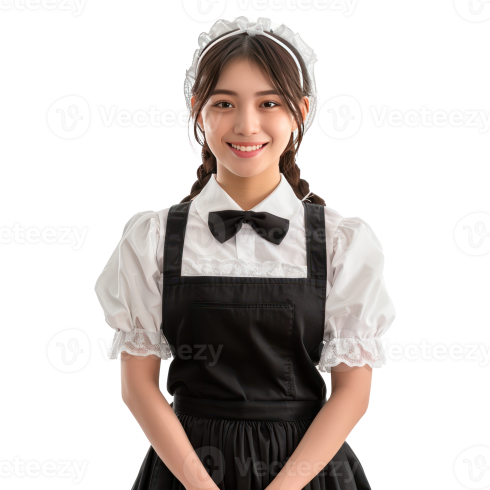 Smiling young attractive female in maid custome front view isolate on transparency background png