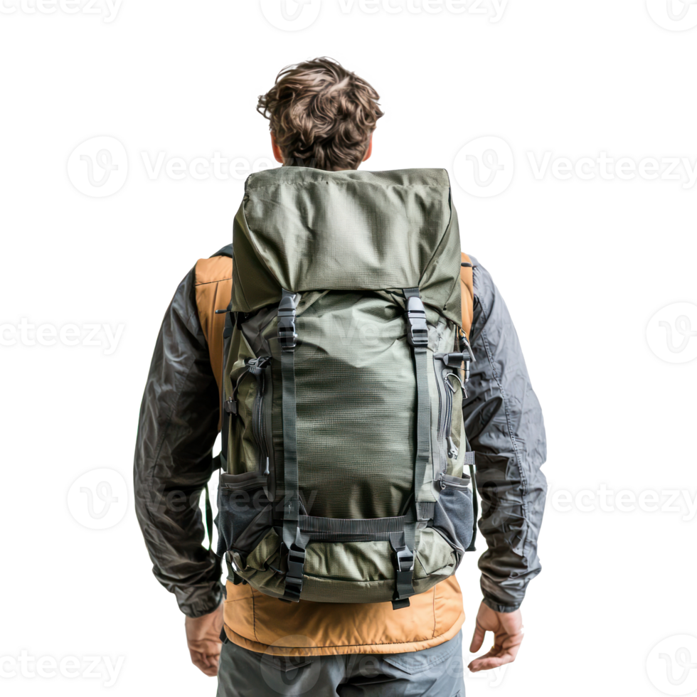 hiker man carrying backpack rear view isolate on transparency background png