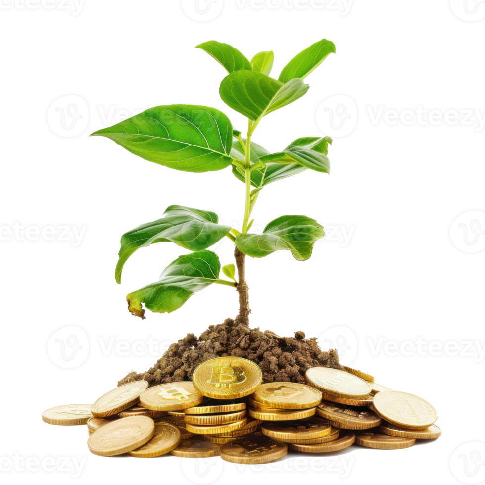 Plant growing on pile of gold coins front view isolate on transparency background png